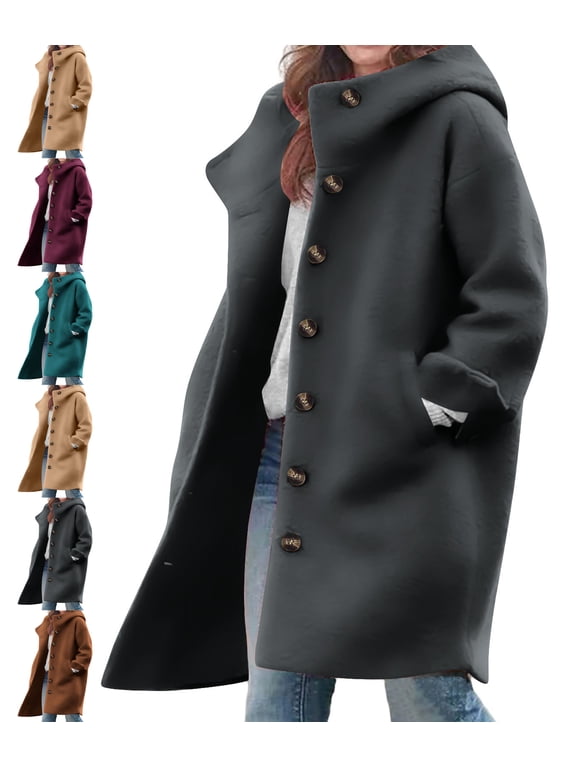 Oversized Wind Resistant Hood Coat For Women, Single Breasted Mid Length Windproof Jacket