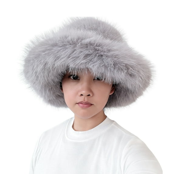 Oversized Winter Faux Fur Bucket Hat for Women - Long Pile Fur Wide Moldable Brim