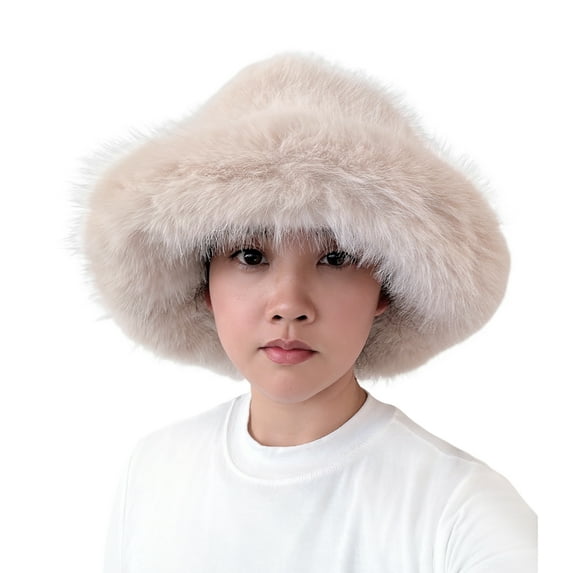 Oversized Winter Faux Fur Bucket Hat for Women - Long Pile Fur Wide Moldable Brim