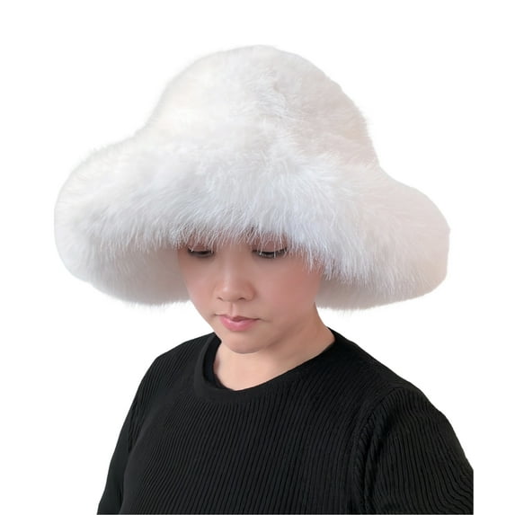 Oversized Winter Faux Fur Bucket Hat for Women - Long Pile Fur Wide Moldable Brim