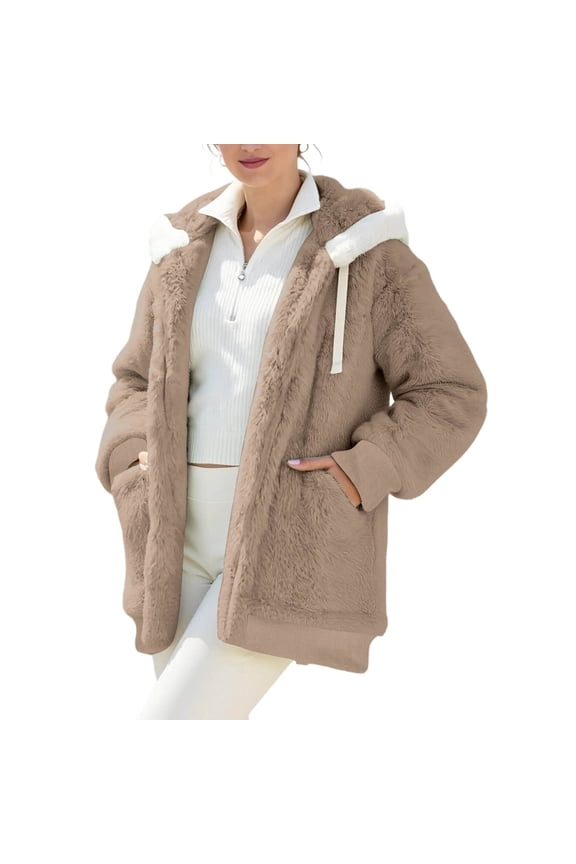 Oversized Winter Jacket for Women Fuzzy Fleece Zip up Coats Hooded Drawstring Warm Outerwear with Pockets New Light Fall Jacket Women Khaki M
