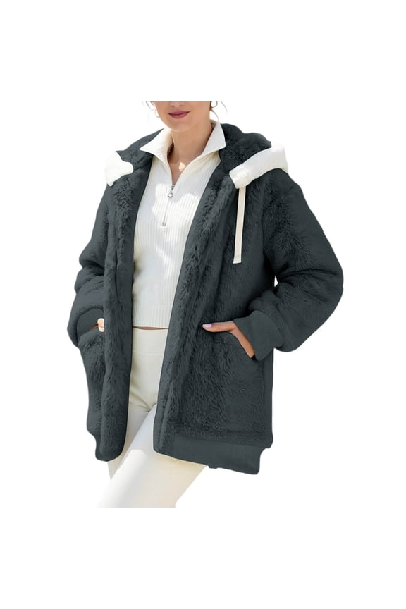 Oversized Winter Jacket for Women Fuzzy Fleece Zip up Coats Hooded Drawstring Warm Outerwear with Pockets New Lightweight Jacket Women Casual Navy XL