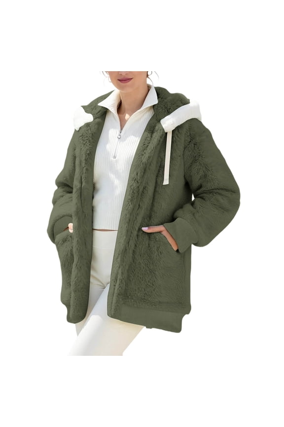 Oversized Winter Jacket for Women Fuzzy Fleece Zip up Coats Hooded Drawstring Warm Outerwear with Pockets New Loose Outerwear for Women Army Green M