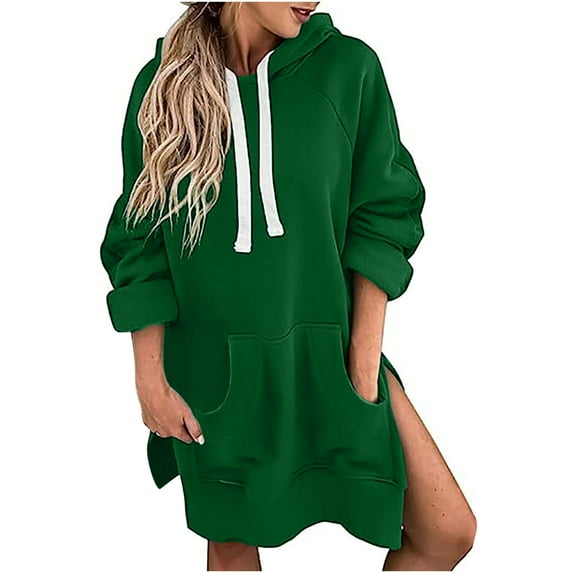 Oversized Women's Hooded Sweatshirt Drawstring Long Sleeve Solid Fleece Pullover Hoodie Dress with Kangaroo Pockets
