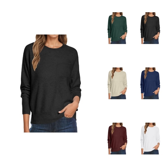 Oversized Women's Sweater – Casual Crewneck Long Sleeve Lightweight Knit Pullover Top with Chest Pocket, Loose Fit Cozy Fashion Layer
