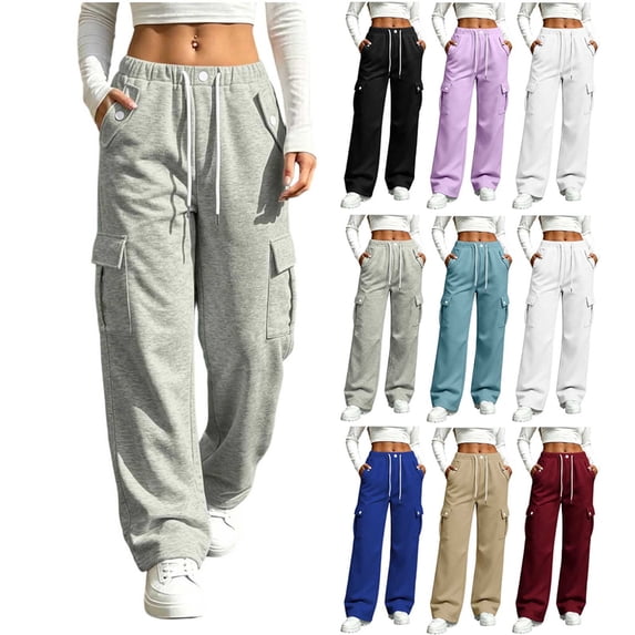 Oversized Women's Sweatpants Elastic Waist Drawstring Loose Casual Solid Color Sweatpants Cuffed Side Pockets Pants