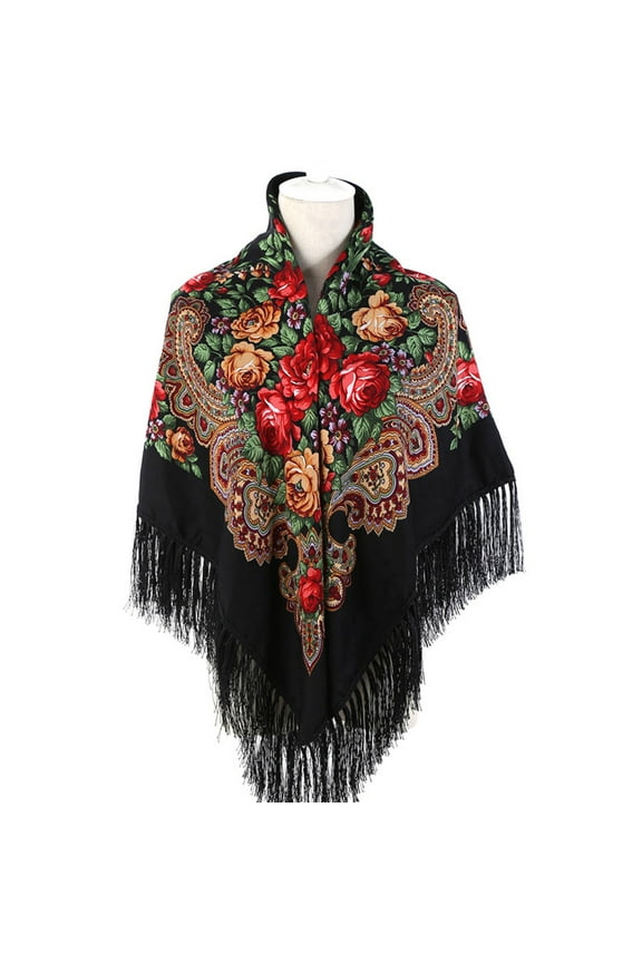 Oversized Women's Traditional Retro Scarf Wrap Tassel Fringes Floral Poncho Shawl Printing Shawl