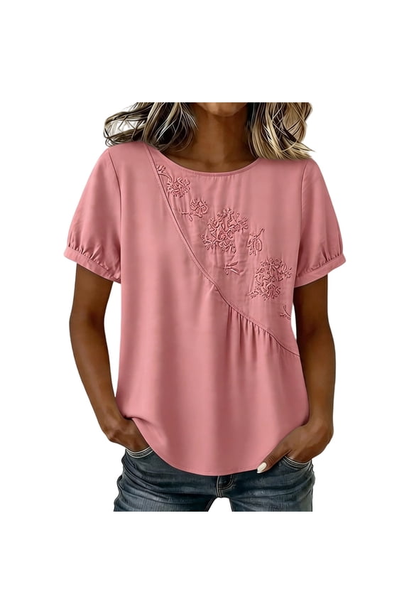 Oversized Womens Boho Embroidered T-Shirt Puff Sleeve Pleated Blouse Round Neck Trendy Summer 2026 Tops Loose Fit Clothes