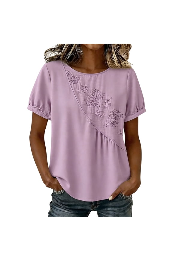 Oversized Womens Boho Embroidered T-Shirt Puff Sleeve Pleated Blouse Round Neck Trendy Summer 2026 Tops Loose Fit Clothes