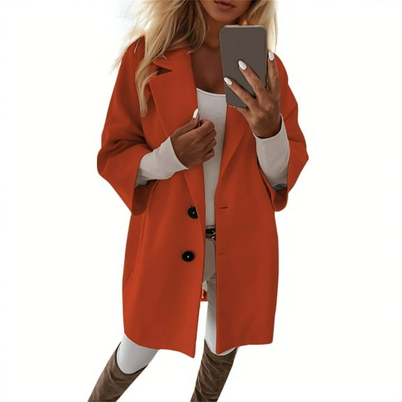 Oversized Wool Blend Coat, Solid Color Notched Collar Button Down Long Sleeve, Elegant Loose Fit for Fall & Winter, Work & Special OccasionsSaffronL