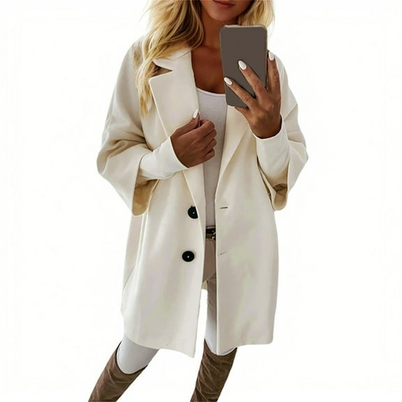Oversized Wool Blend Coat, Solid Color Notched Collar Button Down Long Sleeve, Elegant Loose Fit for Fall & Winter, Work & Special OccasionsWhiteL