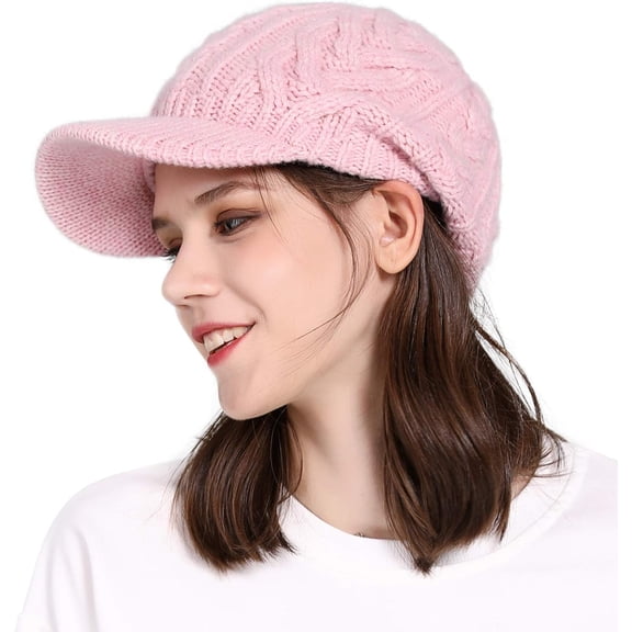 Oversized Wool Blend Visor Beanie Warm Classic Cable Knit Hat with Sun-Blocking Brim for Large Heads