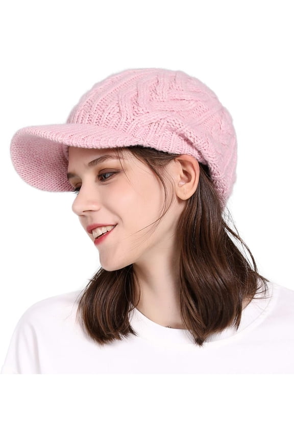 Oversized Wool Blend Visor Beanie Warm Classic Cable Knit Hat with Sun-Blocking Brim for Large Heads