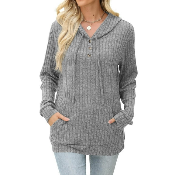 Oversized Workout Tops for Women New Womens Button V Neck Hooded Sweaters Long Sleeve Pullover Tops Casual Sweatshirts with Pockets Fall Outfits Gray L