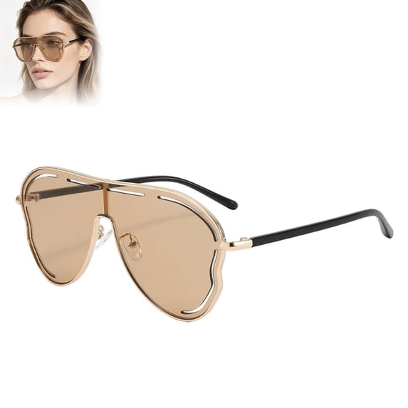 Oversized Wrap Around Retro Sunglasses for Women Classic Shield One Piece Frame Pilot Aviator Big Sunnies UV Protection Metal Frame Designer Shades