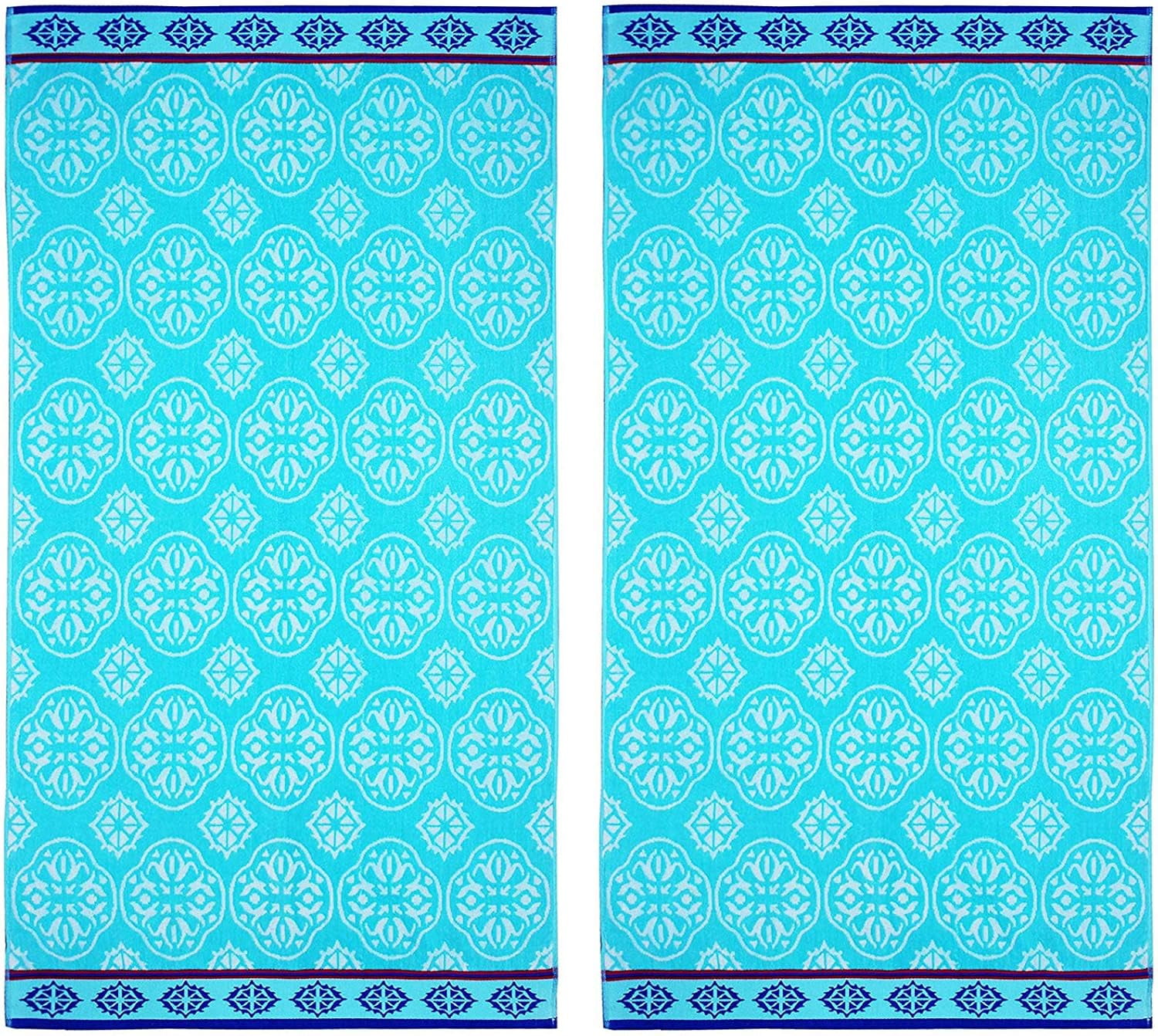 Oversized Blue Cotton Velour Patterned Beach Towels, 2-Pack