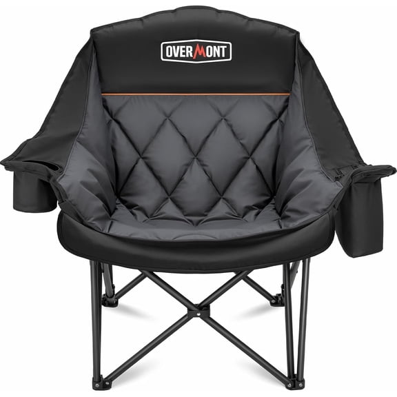 Oversized XL Camping Chair 400 lbs Capacity, Black Foldable Heavy-Duty Folding Chair with Side Pocket, Cup Holder, and Insulated Cooling Bag