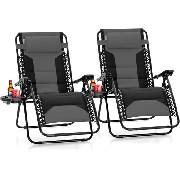 Oversized XL Zero Gravity Recliner Chair Set of 2 Padded, Folding Reclining Lounge Chair with Wide Armrest and Cup Holder, Support 400 LBS, Black