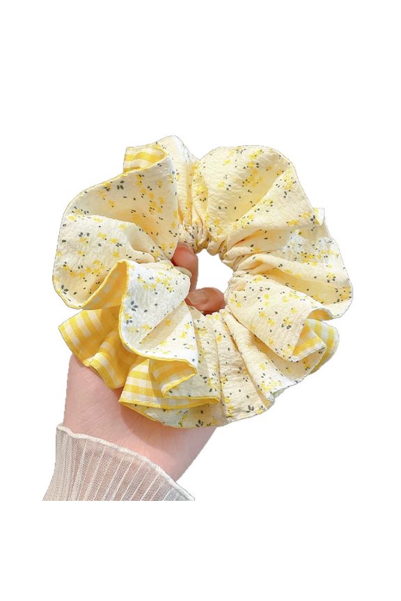 Oversized Yellow Floral Plaid Scrunchie for Women, Sweet Pleated Hair Tie, High Elasticity Ponytail Holder