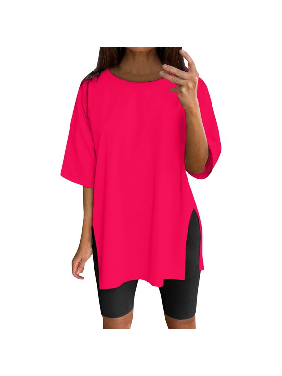 Oversized Yoga T-Shirt - Long Batik Print Blouse, Loose Fit Tunic for Leggings (S-XXL, 7 Vibrant Colors) | Yubnlvae (Hot Pink | XL)