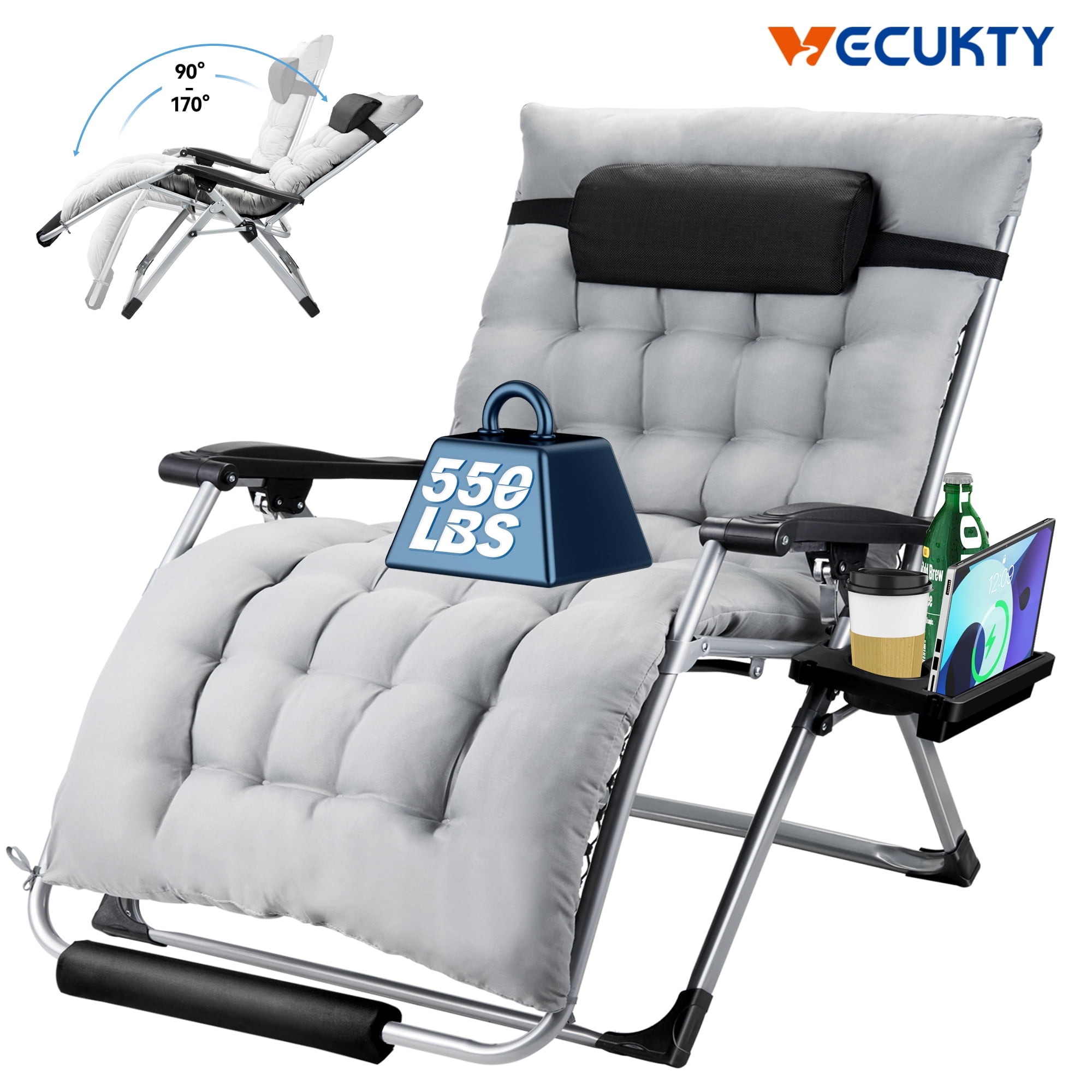 Zero Gravity Chair,VECUKTY Patio Lawn for Indoor and Outdoor Chairs ,550lbs Oversized XL 33IN Ergonomic Lounge Folding Reclining Chair,Gray