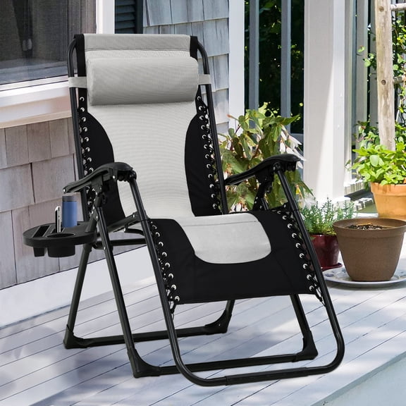 Oversized Zero Gravity Chair XL Folding Lounge Chair Lawn Chair Adjustable Camping Reclining Chair w/Pillow and Cup Holder Tray, 330 lbs Capacity (1 Pack,Grey)