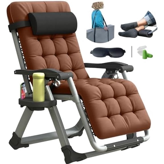 Oversized Zero Gravity Chair, XL Lounge Chair 29 Width, Padded Recliner Chair W/Removable Cushion & Adj Headrest, Storage Bag, Footrest Cushion, Cup Holder, for Indoor Outdoor, Brown$$Garden & Patio