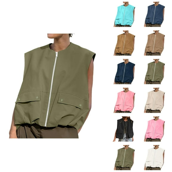 Oversized Zip Up Cargo Vest for Women 2025 Sleeveless Ruched Hem Casual Blazer Jackets Vest Top with Pockets