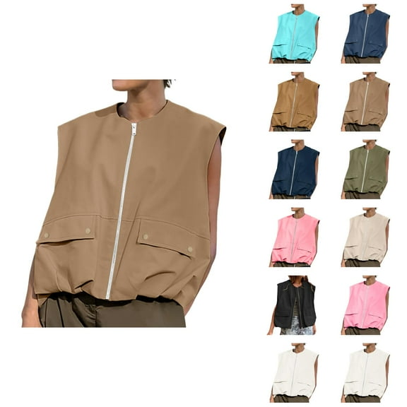 Oversized Zip Up Cargo Vest for Women 2025 Sleeveless Ruched Hem Casual Blazer Jackets Vest Top with Pockets