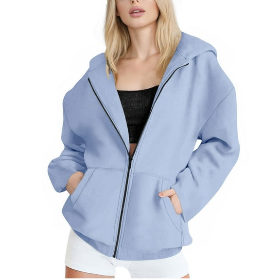 Oversized Zip Up Hoodie Jacket with Pockets Womens Fall Winter Casual Cotton Long Sleeve Hooded Sweatshirt Outwear (2XL, Sky Blue)