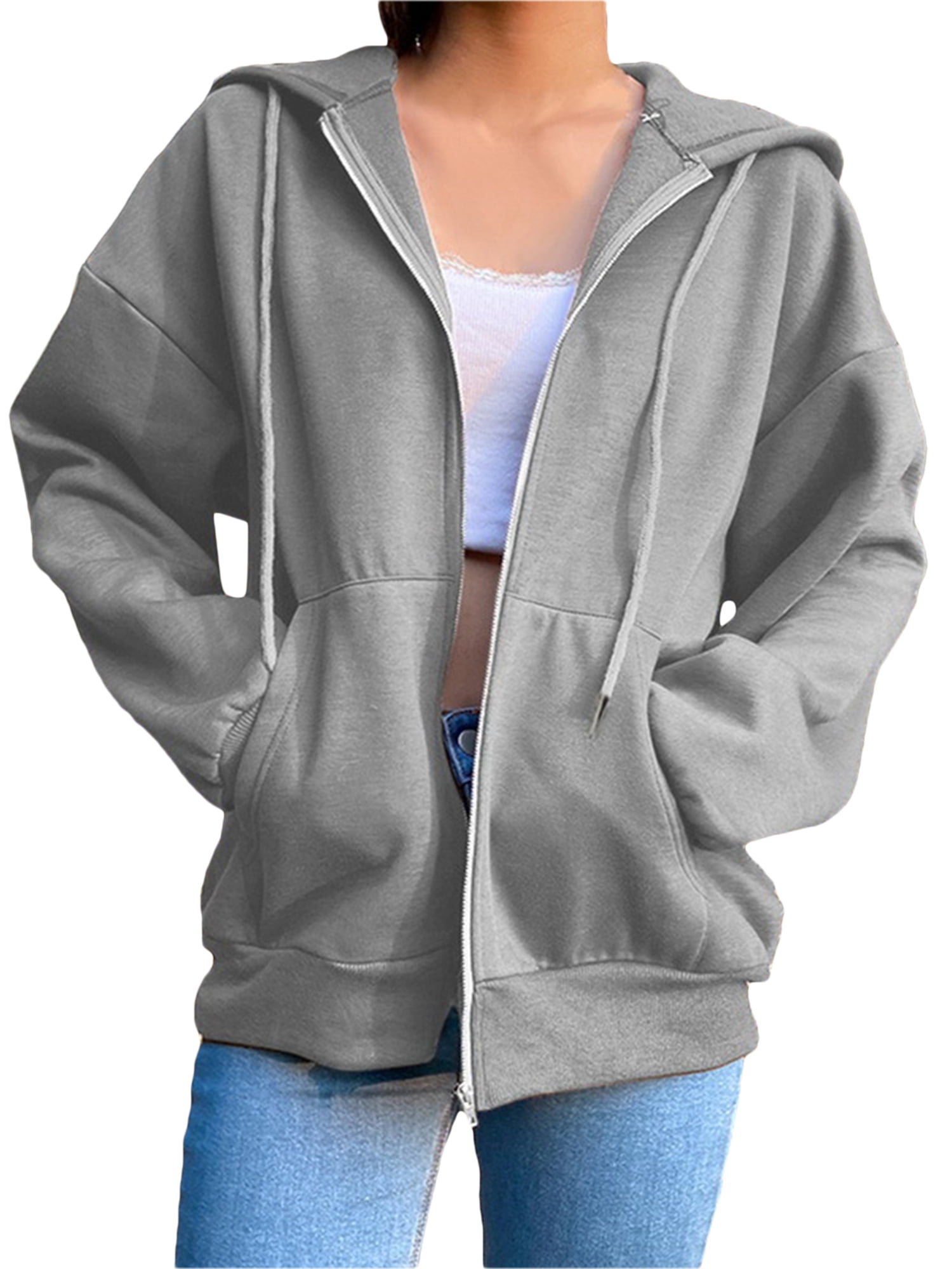 Oversized Zip Up Hoodie for Women Baggy Loose Basic Zipper Hooded  Sweatshirt Coat Y2K Jacket 