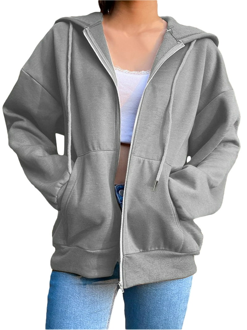 Women's Oversized Zip Up Hoodie, Baggy Loose Basic Zipper Hooded