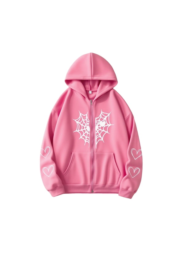 Oversized Zip Up Hoodie for Women Men Gothic Spider Web Heart Graphic Sweatshirt Punk Harajuku Alt Emo Streetwear