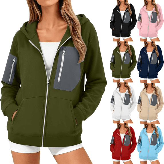 Oversized Zip Up Hoodies for Women Block Zipper Pocket Hoodie Solid Color Long Sleeve Casual Hoodie