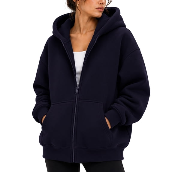 Oversized Zip-Up Hoodies for Women & Men, 320 GSM Heavyweight Fleece Sweatshirt, Soft Cotton Blend Baggy Hoodie With Pockets, Large - Navy