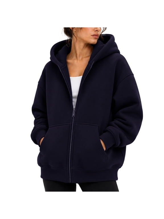 Oversized Zip-Up Hoodies for Women & Men, 320 GSM Heavyweight Fleece Sweatshirt, Soft Cotton Blend Baggy Hoodie With Pockets, Medium - Navy