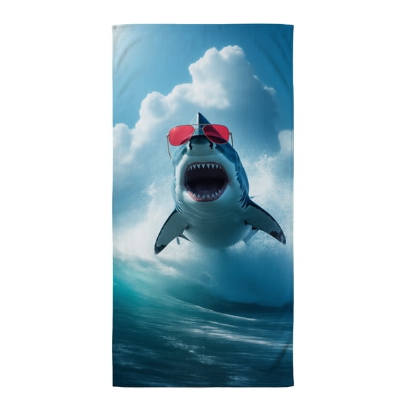 Oversized beach towels shark A shark wearing sunglasses swimming in the ocean. anti sand beach towel beach towels xl micro fiber beach towel beach essentials men