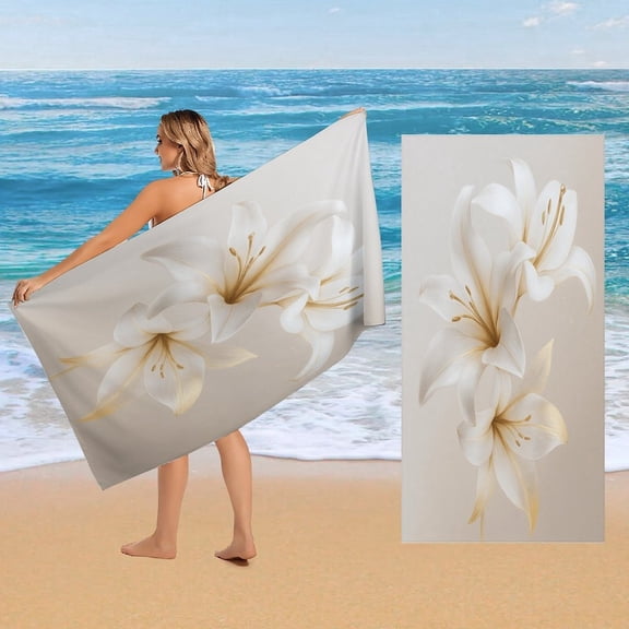 Oversized luxury bath towels and beach towels – quick-drying, super-absorbent bath sheets with elegant white and gold floral lily patterns, soft microfibers