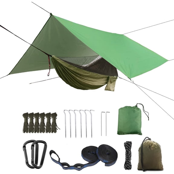 Oversized rain Tarpaulin,Camping Hammock with Mosquito Net Rain Fly Heavy Duty Tree Strap,Single Double Hammock Tent Waterproof Rainfly Set,Camping Backpacking Backyard Patio Hiking Travel Outdoor