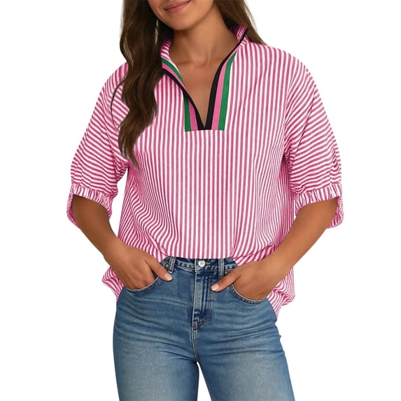 Oversized t Shirts for Women V Neck Polos Neck Striped 3/4 Sleeve Tops Pullover Sweatshirts Elegant Cute 3/4 Sleeve Color Block Pullover Tops Puff Sleeve Casual Summer Blouse Workout Shirt