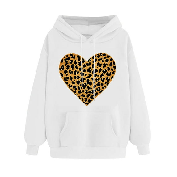 Oversizes Hoodies for Valentine's Day Womens Leopard Heart Pullover Cute Sweatshirt with Drawstring