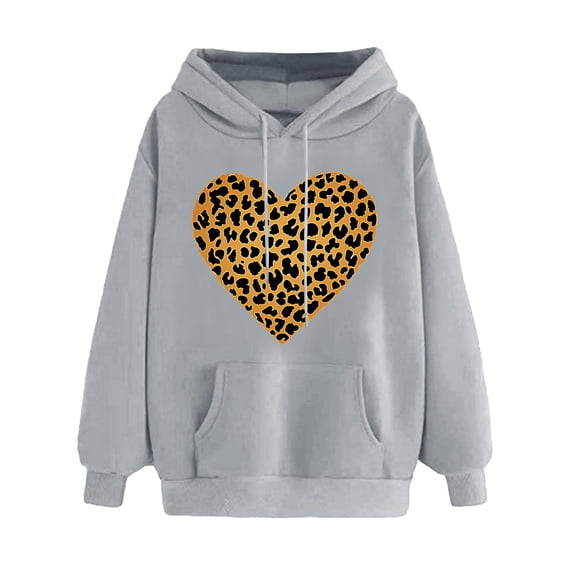 Oversizes Hoodies for Valentine's Day Womens Leopard Heart Pullover Cute Sweatshirt with Drawstring