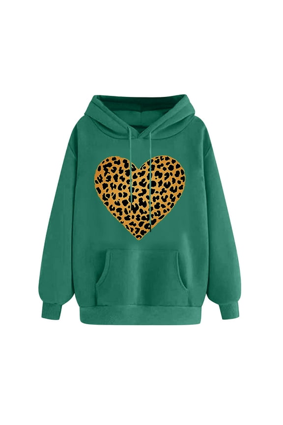 Oversizes Hoodies for Valentine's Day Womens Leopard Heart Pullover Cute Sweatshirt with Drawstring