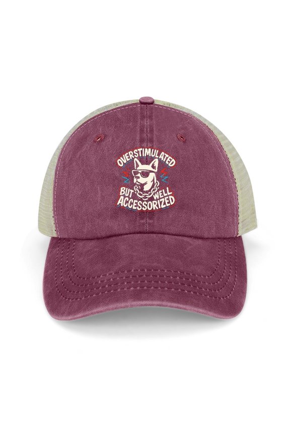 Overstimulated But Well Accessorized Wine Red Baseball Cap for Men Women, Adjustable Snapback Hats Trucker Hat