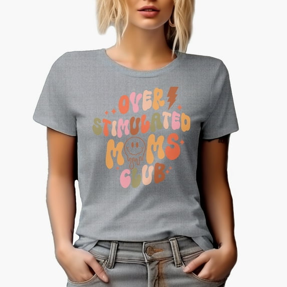 Overstimulated Moms Club, Groovy Wavy Text Art, Mother's Day Merch Gift, Heather Grey T-Shirt, Medium