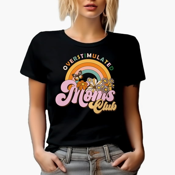 Overstimulated Moms Club, Retro Rainbow & Flowers Art Mother's Day Gift, Black T-Shirt, XL