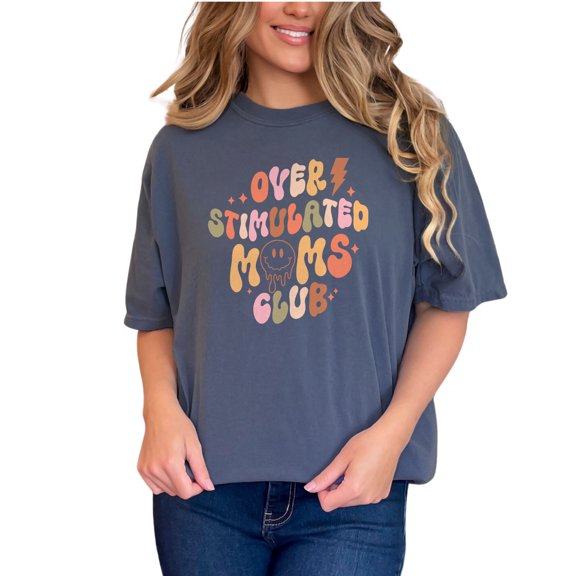 Overstimulated Moms Club, Wavy Text & Melting Smiling Face, Mother's Day, Denim Comfort Colors T-Shirt, 2XL