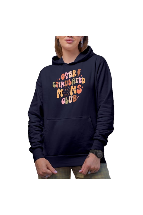 Overstimulated Moms Club, Wavy Text & Melting Smiling Face, Mother's Day Gift, Navy Blue Hooded Sweatshirt or Hoodie, Medium