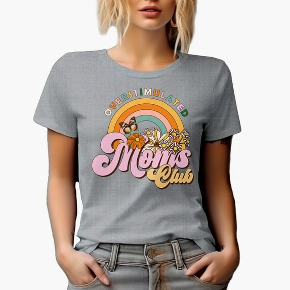 Overstimulated Moms Club with Retro Rainbow & Flowers Art Mother's Day Merch Gift, Heather Grey T-Shirt, XL