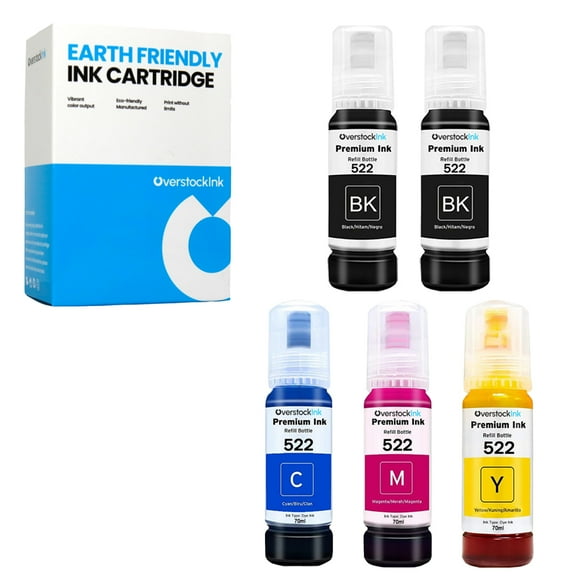 OverstockInk T522 Ink Bottles 5-Pack Compatible for Epson 522 T522 for EcoTank ET-2720 (2 BK, 1 each C, M, Y)